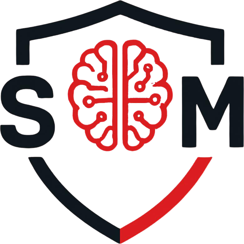 A logo for the Security and Machine Learning (S&M) field, featuring a brain with circuitry lines and a shield with the let...