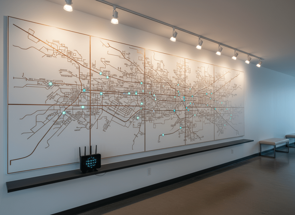 A modern, wall-sized map made of matte white panels and fine metallic lines depicts an urban area, with small, glowing nodes indicating community access points for digital empowerment. At the base of the map, a narrow, charcoal shelf supports a router-like hub device with softly pulsing blue lights, symbolizing equitable AI-driven connectivity. Overhead, diffused track lighting illuminates the map, making the network pattern gently stand out from the wall while casting delicate shadows along the etched lines. Captured in photographic realism from a slight side angle to emphasize depth, with a wide frame that includes a polished concrete floor and minimal surrounding décor. The mood is forward-looking and purposeful, highlighting infrastructure that supports marginalised communities through technology.