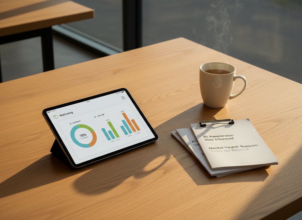 A minimalist, modern workspace with a slim tablet lying flat on a warm oak table, its screen displaying a clear, friendly dashboard of wellbeing and digital literacy progress indicators in accessible colors—soft blues, greens, and warm oranges. Beside the tablet rests a stack of neatly printed educational leaflets with bold headings about AI awareness and mental health support, clipped together. A simple ceramic mug of herbal tea sits nearby, emitting faint steam. Natural afternoon light enters from the left, casting soft, elongated shadows and a gentle glow across the table grain. Photographic realism, shot from a slightly elevated angle with a moderate depth of field, keeping both tablet and leaflets in crisp focus. The mood is reassuring, organized, and empowering, suggesting practical tools for early intervention and digital empowerment.