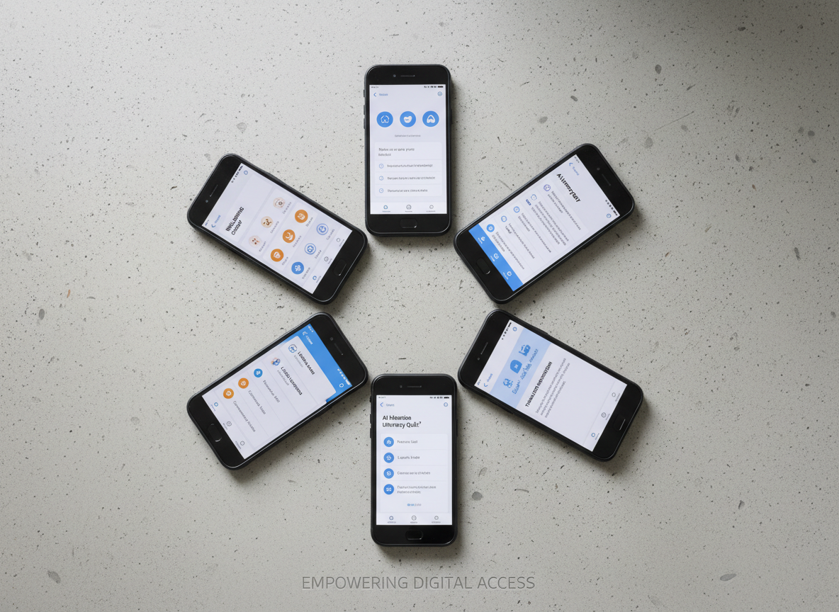 A cluster of different smartphones arranged in a loose circle on a clean, light concrete surface, each screen showing an accessible, high-contrast interface: one with a mental wellbeing check-in, another with a simple AI literacy quiz, others with local support resources and translated information panels. The devices vary in age and style, including a slightly worn, scratched phone among newer models, symbolizing inclusion despite economic differences. Soft, diffused overcast light from above minimizes harsh reflections and creates gentle, realistic shadows beneath each phone. Photographic realism, captured from a directly overhead, bird’s-eye view with sharp focus across the frame. The overall mood is inclusive and hopeful, emphasizing practical digital tools that help reduce AI‑driven health and social inequalities for marginalised communities.