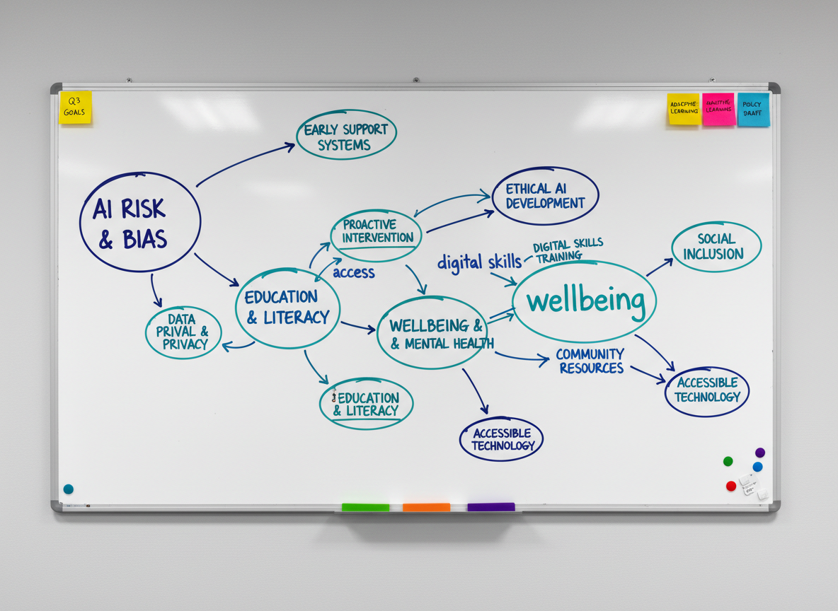 A large, clean whiteboard mounted on a soft gray wall, filled with meticulously drawn interconnected circles and arrows in deep blue and teal markers, representing pathways from AI risk to early support, education, and wellbeing. Key terms like “access”, “wellbeing”, and “digital skills” are clearly legible at different nodes, with a few sticky notes and color-coded tabs neatly aligned along the frame. Overhead office lighting creates an even, diffused illumination with faint, realistic reflections on the glossy whiteboard surface. Photographic realism, captured straight-on with sharp focus throughout, giving a sense of clarity and structure. The composition is balanced and uncluttered, conveying a professional, strategic atmosphere that highlights planning to reduce AI‑driven inequalities and support marginalised groups.