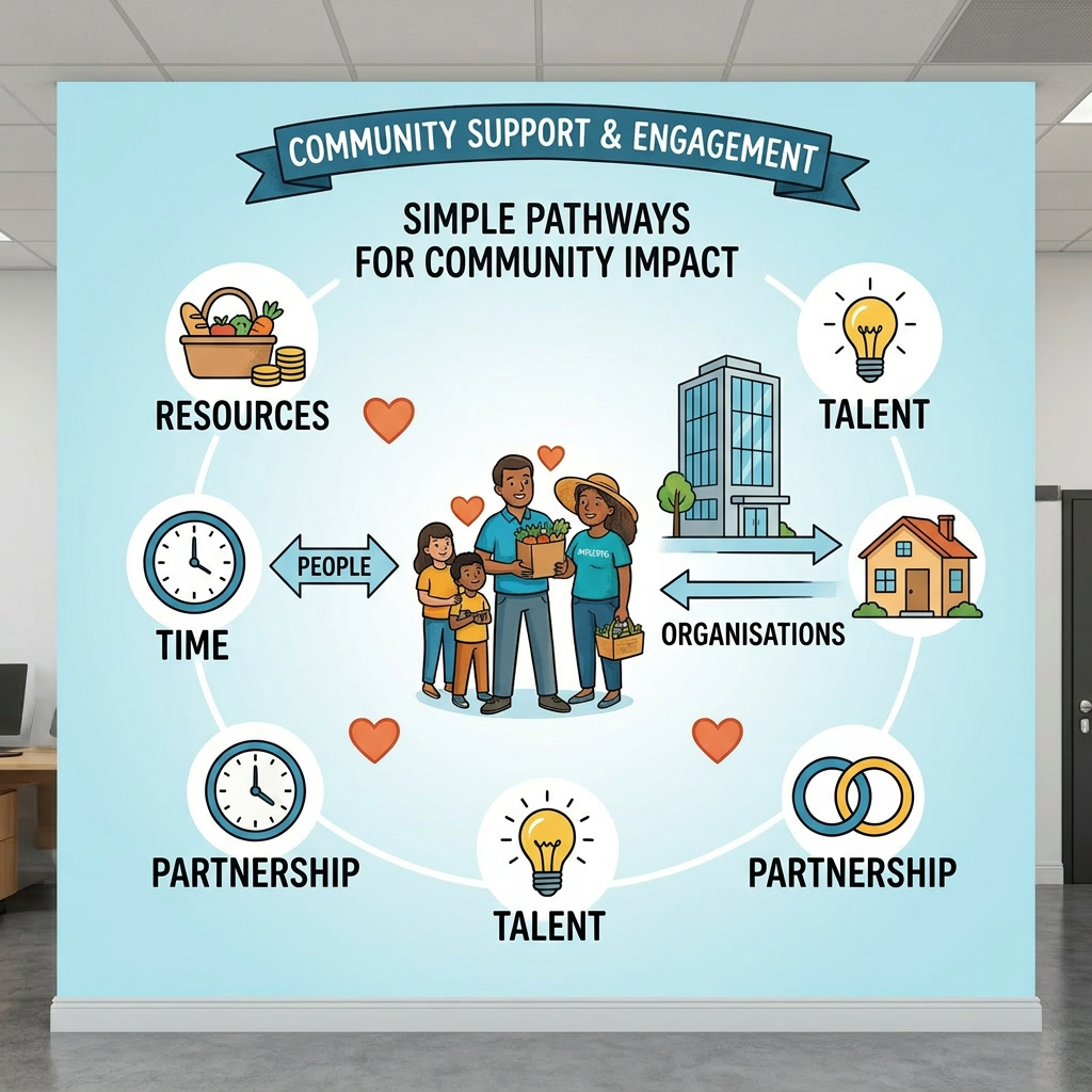 Illustration of community support including volunteering, donating, mentoring, financial grants, tech solutions, advocacy, and ethical purchasing.
